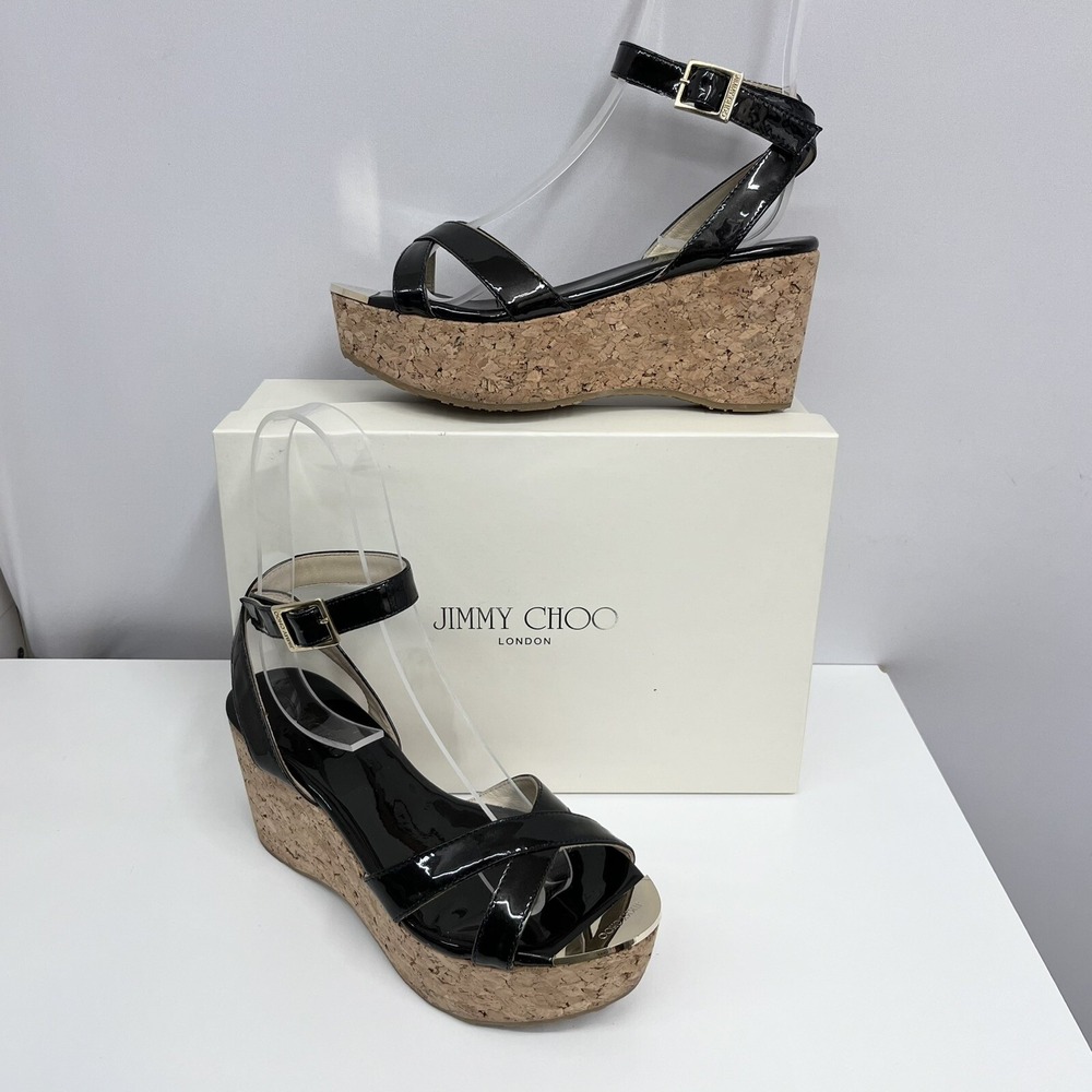 Jimmy‎ Choo Panther Wedge Shoes Navy Patent Leather $395.00 Comes In Box Size 36